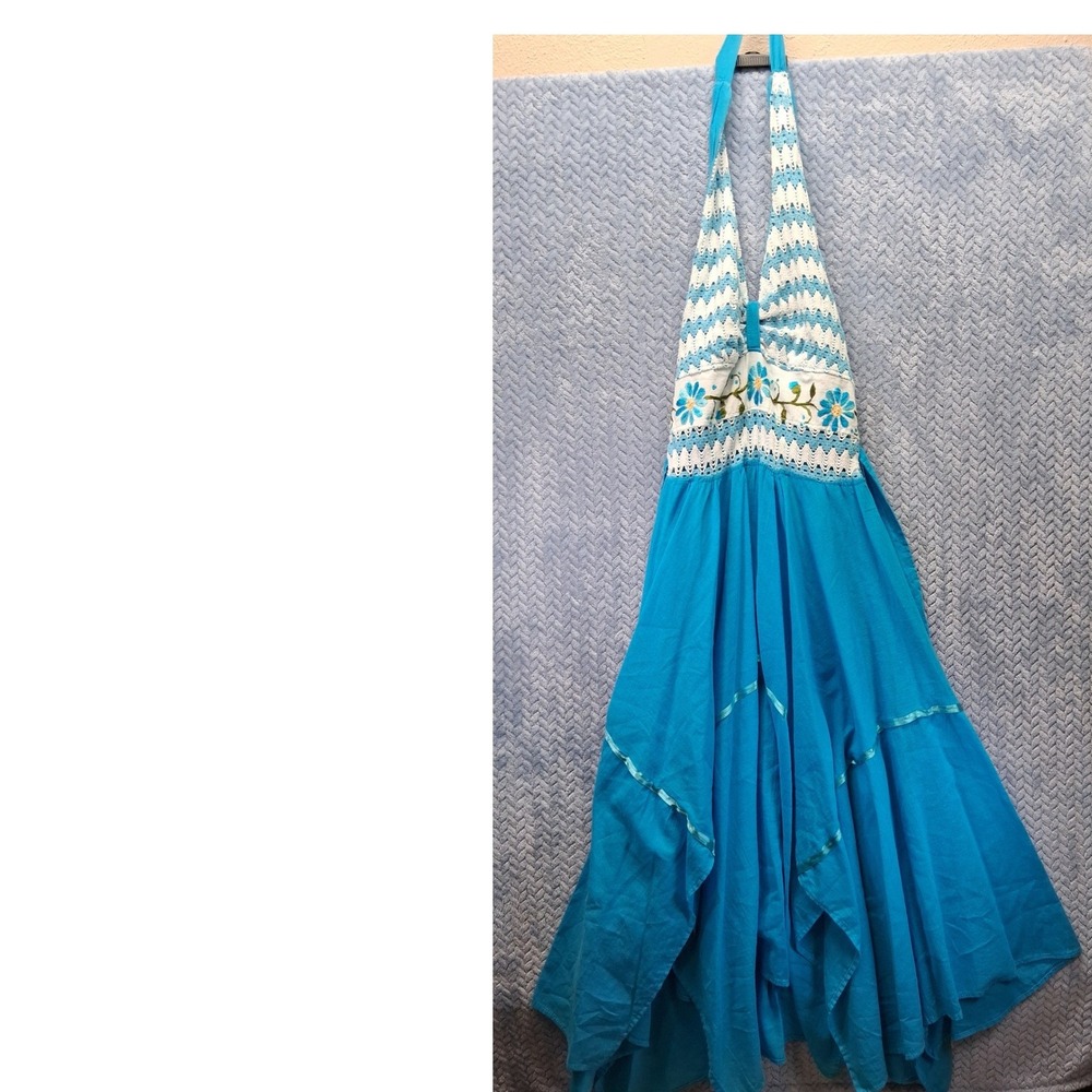 Blue Crochet Halter Maxi Dress Floral Embroidery Handkerchief Hem Boho Festival